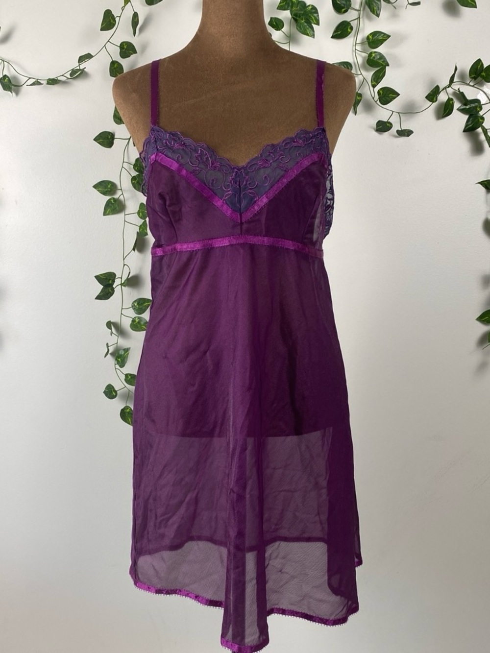 Vintage Victoria's Secret 100% Nylon Plum Lace-Trim Sheer Chemise whimsygoth
